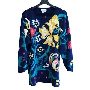 Jennifer Reed Hand Knit Navy‎ Blue Floral Sweater Size M W/Flaws